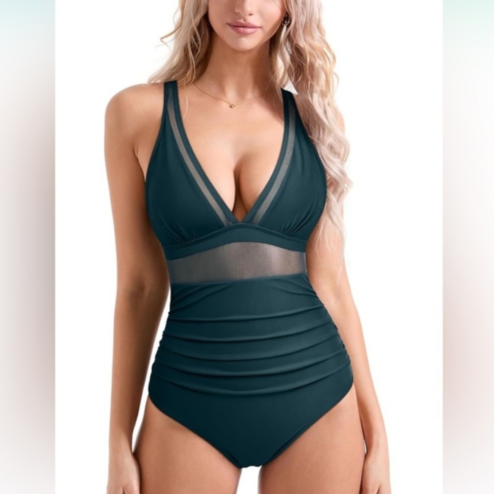 Women's Elegant Forest Green, Sheer Detail,Summer, Vacation, One-Piece Swimsuit - Picture 1 of 9